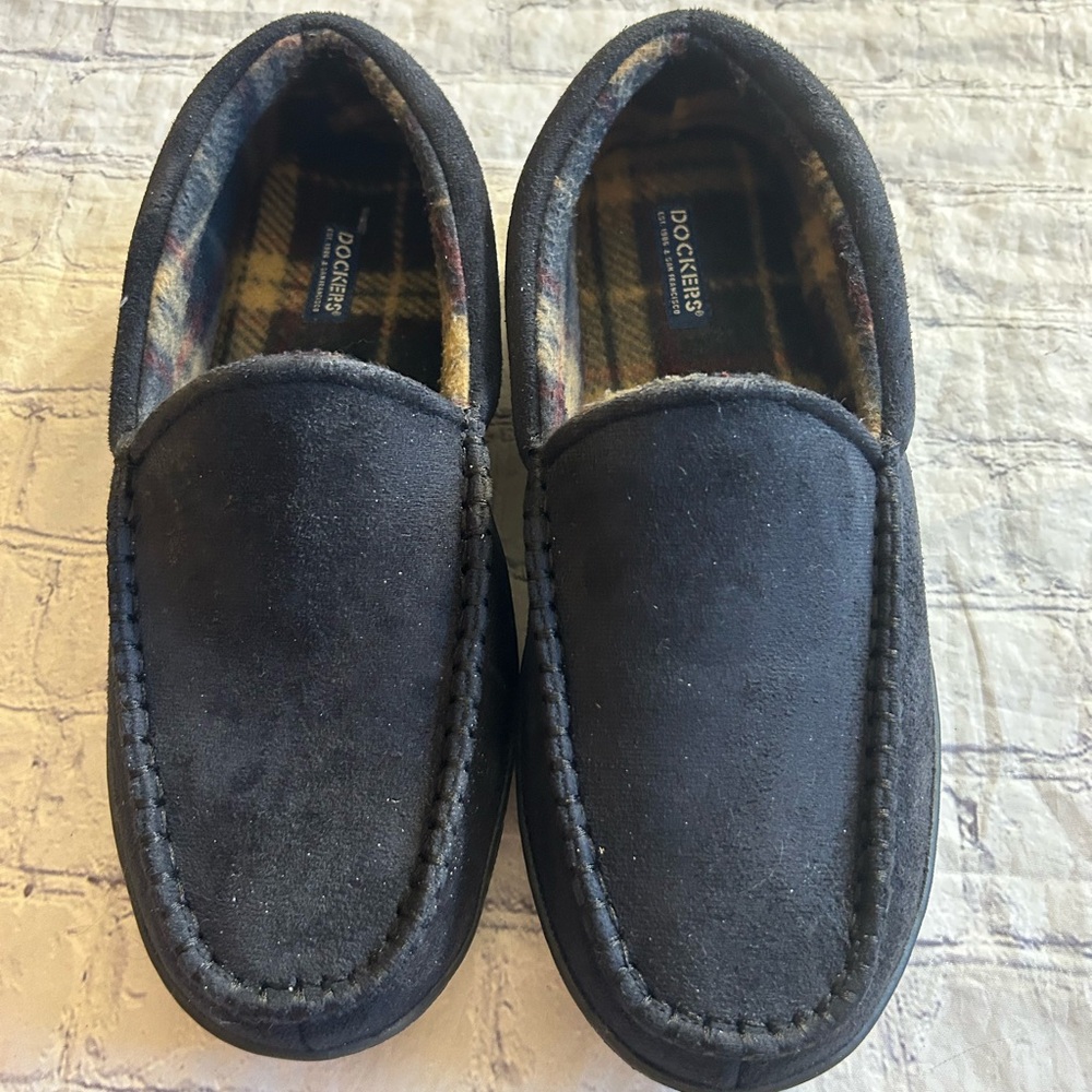 DOCKERS BLACK WITH PLAID LINING & FOOTBED HOUSE SHOES SLIPPERS MEN’S L(9-10)